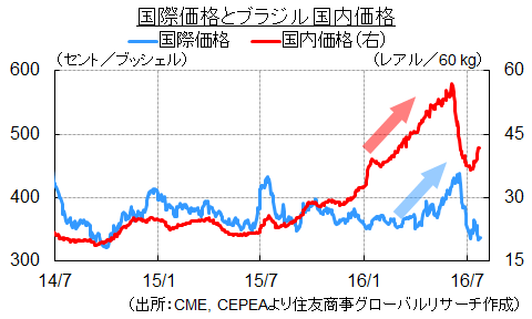 国際価格とブラジル国内価格（出所：CME, CEPEAより住友商事グローバルリサーチ作成）