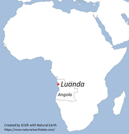アンゴラ共和国とルアンダ市の位置（Created by SCGR with Natural Earth , https://www.naturalearthdata.com/）