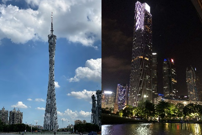 昼間の広州タワーと珠江新城の夜景（筆者撮影）