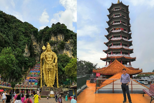 左：ヒンズー教の聖地、バトゥ洞窟；　右：ゲンティン高原の中国式仏塔（筆者撮影）