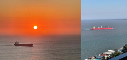 マプト港に向かう貨物船（左：早朝、右：昼間、筆者のアパートより撮影）