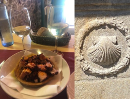 左：「タコのガリシア風」と地元の白ワイン「アルバリーニョ」、右：聖ヤコブの象徴・ホタテの貝殻をあしらった石碑（撮影：ドミンゴ・セルバンテス）