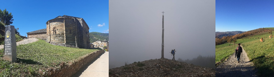 左：ポンフェラーダの聖ヤコブ教会（レオン州）、中：鉄の十字架（レオン州）、右：巡礼路沿いの風景。撮影：ルイス・セルバンテス（左・中）、ホセ・マンソ（右）