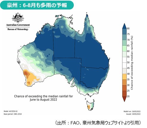 豪州：6-8月も多雨の予報（出所：FAO、豪州気象局ウェブサイトより引用）