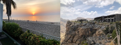 夕暮れ時のオマーン湾（左）；断崖絶壁の絶景にたたずむホテル（右）（共に筆者撮影）