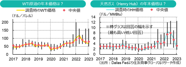 WTI原油＆天然ガスの年末価格は？（出所：Dallas Fedより住友商事グローバルリサーチ作成）