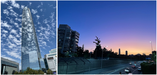 左：コスタネラセンター、右：21時半頃の夕日（ともに筆者撮影）