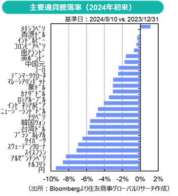 主要通貨騰落率（2024年初来）（出所：Bloombergより住友商事グローバルリサーチ作成）