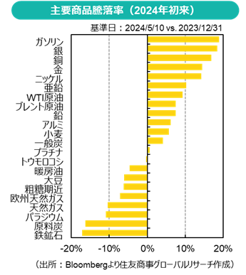 主要商品騰落率（2024年初来）（出所：Bloombergより住友商事グローバルリサーチ作成）