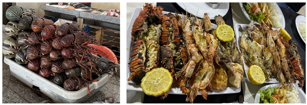 魚市場のロブスターとエビグリル料理(筆者撮影)